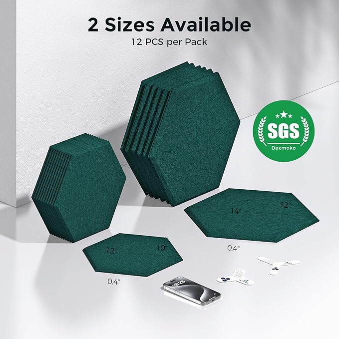 Self-Adhesive Acoustic Panels [390 lbs/yd³ Ultra-High Density], 2nd Generation Sound Absorbing Panel, Professional Level Sound Panel, Polyester Soundproof Foam [Size L, Dark Green]