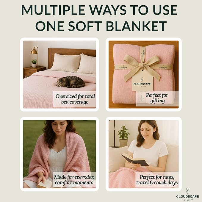 Cloud Scape Linen 8-Layer Muslin Blanket King Size for Adult - 100% Cotton, Breathable and Soft, Perfect Winter Cozy Blanket, Fits up to California King Bed, 92x108, Seashell Pink