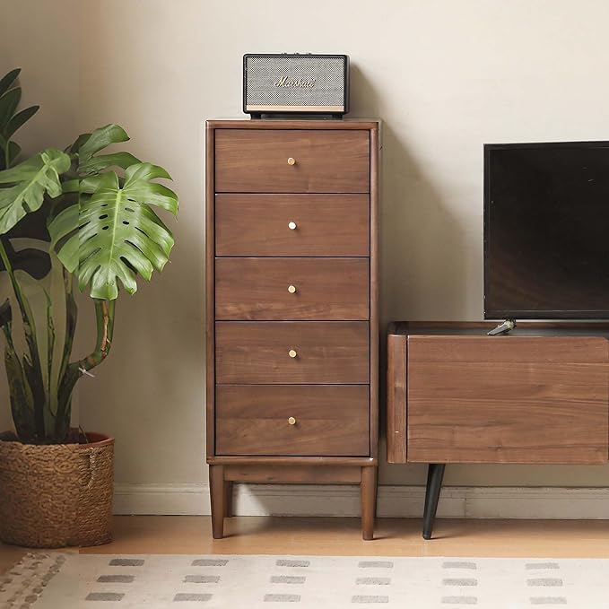 Solid Walnut Nightstand, Solid Wood Dresser with Drawers, Mid Century 5 Drawer Dresser for Beroom, 39.69" Tall Dresser for Living Room, Wooden Side End Tables for Hallway