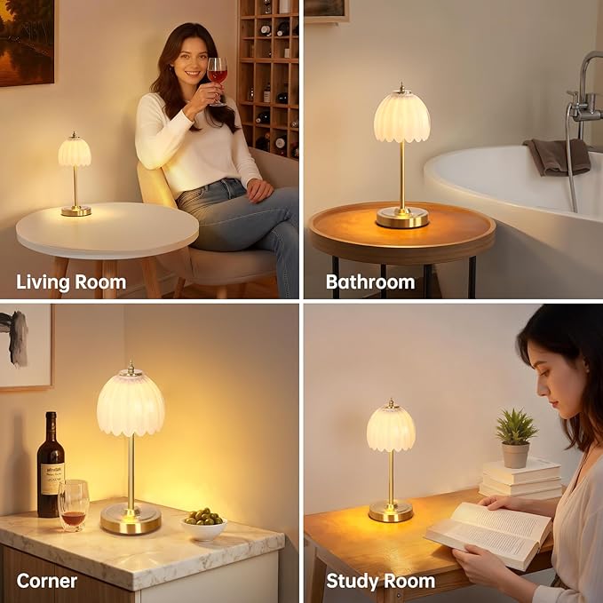 Set of 2 Tulip Table Lamp with 5000mAh Battery & Touch Control, Cordless Small Table Lamp with 3 Colors, Dimmable Rechargeable Table Lamps for Bedroom, Desk, Bedside (White Tulip)