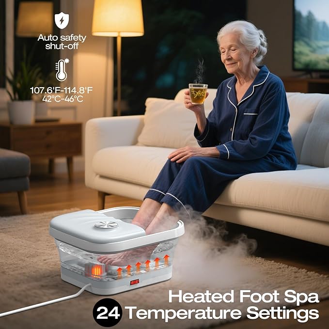 Collapasible Foot Spa Bath Massager with Heat, Pedicure Foot Spa with Bubbles, Temperature Control, Foot Soaking Tub for Home, Office, Foot Soaker Gift for Men and Women