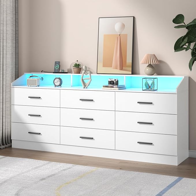 9 Drawers Dresser for Bedroom with Power Outlet, Chest of Drawers with LED Light, Modern Dressers with Open Storage Cubby, Triple Wide Dressers Organizer for Living Room (White)