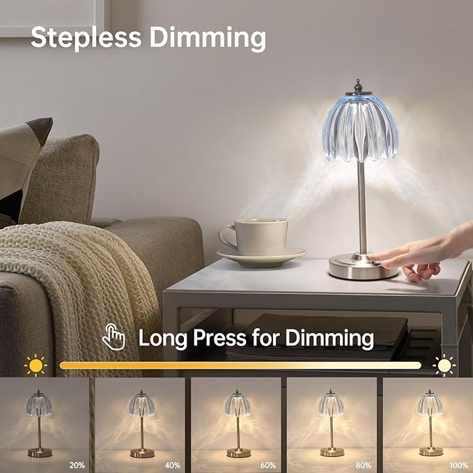 Tulip Table Lamp with 5200mAh Battery & Touch Control, Cordless Small Table Lamp with 3 Colors, Dimmable Rechargeable Table Lamps for Living Room, Bedroom, Bedside (Clear Light Blue Tulip)