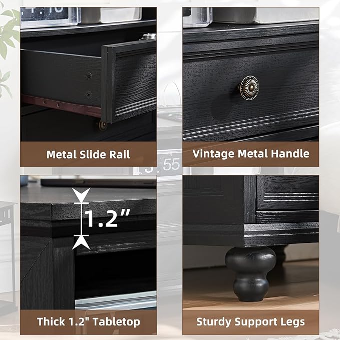 24" Wide Farmhouse Nightstand with Charging Station, End Table with 2 Drawers, Black Wood Dresser for Bedroom Cabinet, Bed Side Table Chest of Drawers, Night Stand for Living Room, Closet