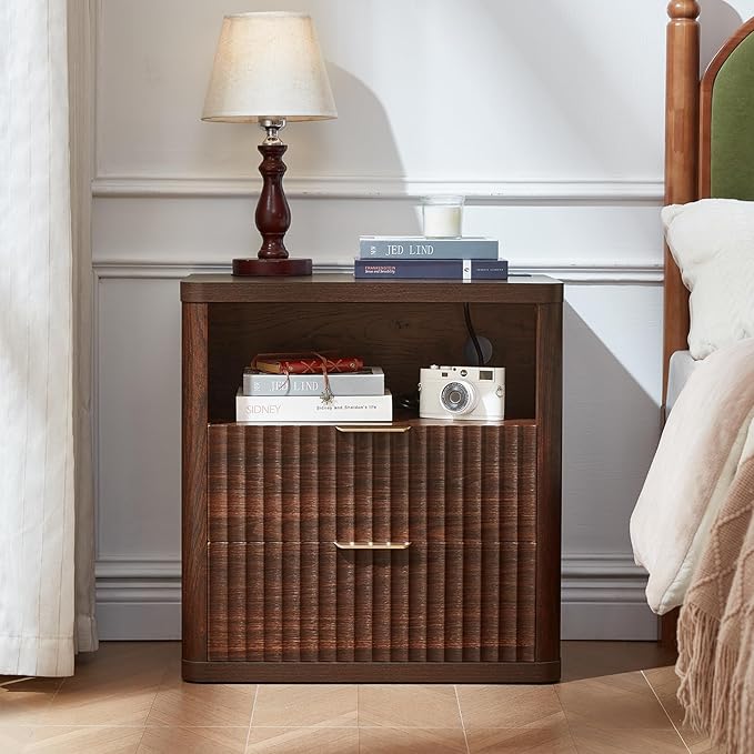 LEYAOYAO Fluted Nightstand with Charging Station, 23" Wide 2 Drawers Night Stand,Walnut End Table with Open Storage,Farmhouse Bed Side Tables, Wood Dresser for Bedroom, Living Room, Closet
