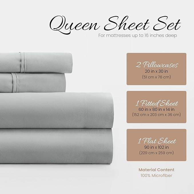 Linen Market Brushed Microfiber Queen Sheet Set 4 Piece – Oeko-TEX Certified Ultra Soft & Wrinkle-Free - 16" Deep Pocket Sheets - Easy Care Queen Size - Light Gray