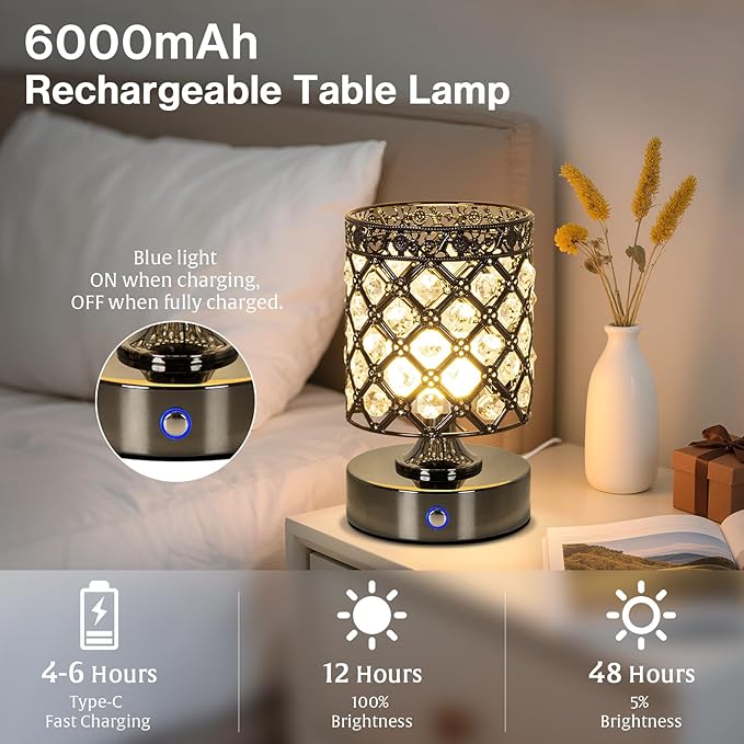 TOBUSA Black Rechargeable Cordless Table Lamp, Portable 6000mAh Crystal Battery Operated Lamp 3000K-4500K-6000K, Stepless Dimmable Bedside Touch Small Desk Lamp, Modern Industrial LED Night Light