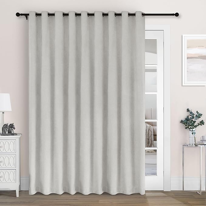 Macochico 120" Wx84 L 100% Blackout Chenille Curtains for Sliding Door Living Room Bedroom, Luxury Drapery for Hotel Home Theater, White Thermal Window Treatments with Tieback, Grommet, 1 Panel