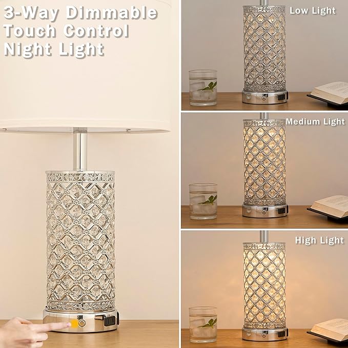 Crystal Table Lamps Set of 2, 3-Way Dimmable Bedside Lamp with 2 USB Ports & AC Outlets for Living Room Bedroom Nightstand Lamp Night Light (Silver- 2 Pack 24In)