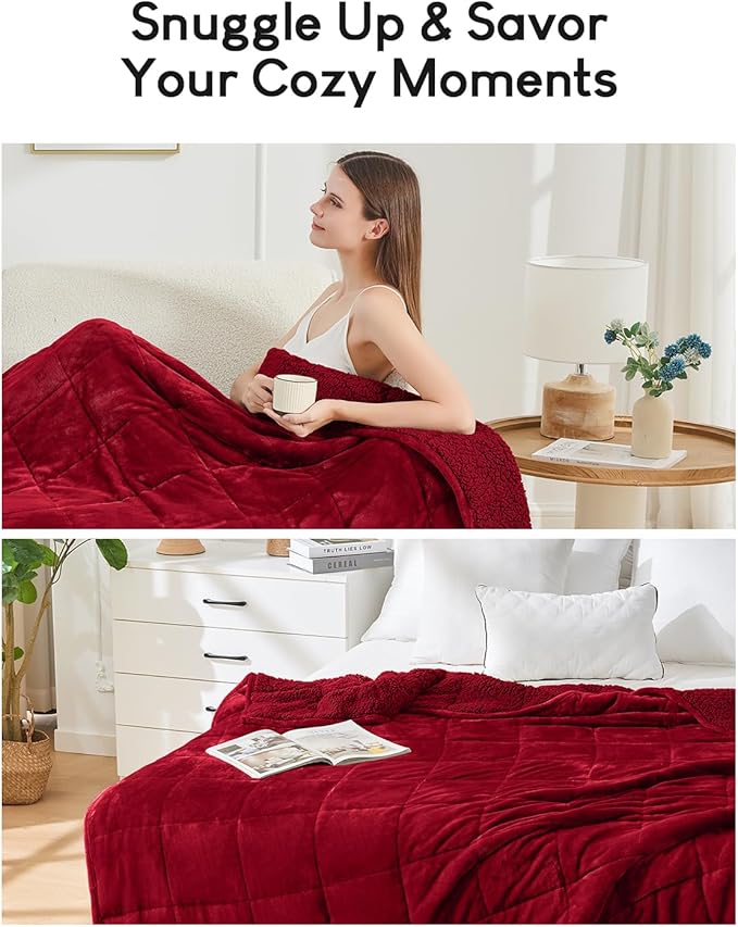 Cottonblue Sherpa Weighted Blanket for Adults 15 lbs Queen Twin Size 60x80 inches, Fuzzy Fleece Weighted Throw Blankets Cozy for Sleeping, Calming and Relax, Soft Heavy Blankets for Bed Sofa, Burgundy
