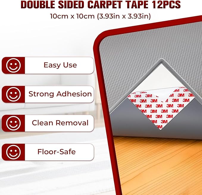 12PC Carpet Tape Double Sided, Heavy Duty Rug Tape for Hardwood Floors, Non-Slip Carpet Adhesive Tape for Area Rugs, Strong Grip