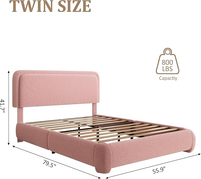 Twin Size Platform Bed Frame with Headboard, Boucle Upholstered Desige, Anti-Collision Corners, Soft Rounded Corners, No Box Spring Required, Easy Assembly, Noise Free