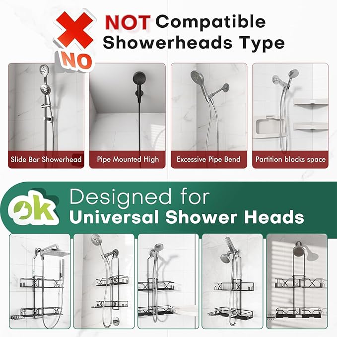 Stainless Steel Hanging Shower Caddy for Handheld Shower Heads,Adjustable Height Extra Long Bathroom Shower Organizer Hanger Rack with Hooks,Soap Holder
