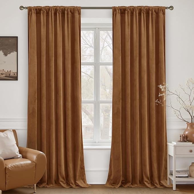 LAMIT Velvet Curtains for Living Room 96 Inches Long, Mid Century Thermal Blackout Curtains Room Darkening Back Tab and Rod Pocket Panels for French Country, 2 Panels, Bronze Brown, 52 x 96 Inch