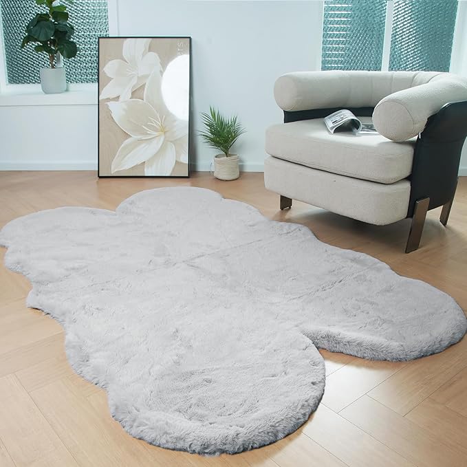 Latepis Grey Accent 4x6 Area Rug Plush Shaggy Rugs Washable Faux Rabbit Fur Rugs Fuzzy Shag Large Rug for Bedroom Dorm Nursery Luxury Home Decor Sheepskin