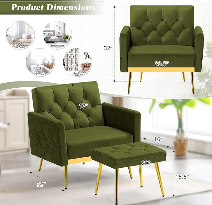 Velvet Accent Chair w/Adjustable Armrests and Backrests, Tufted Single Sofa with Ottoman, Upholstered Reading Chiar for Living Room, Apartment, Bedroom, Olive Green