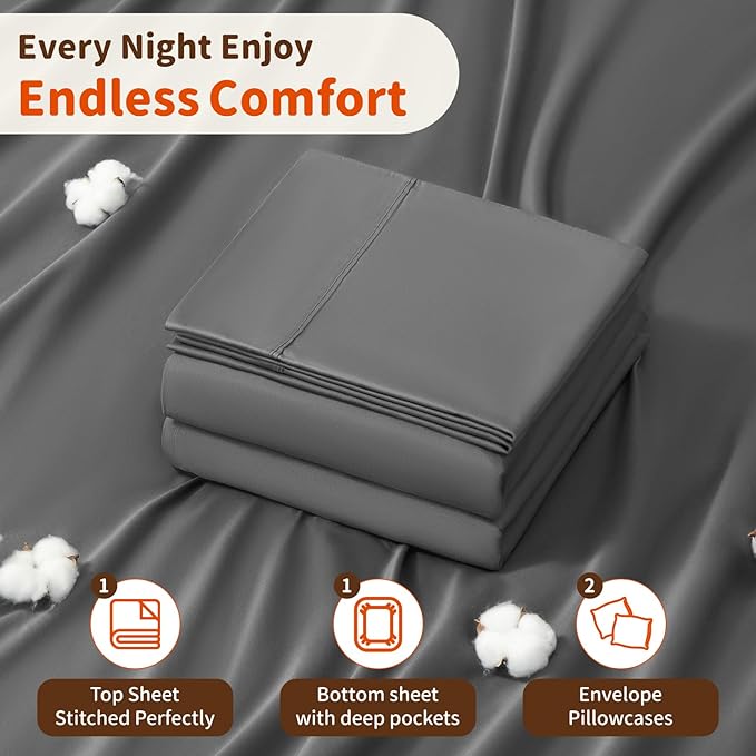 LBRO2M 100% Cotton Sheets Set Deep Pocket 24", 1000 Thread Count King Size 4 Piece Bed Sheet Sets Soft Comfortable Bedding All Season (King, Dark Gray)