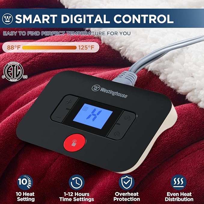Westinghouse Electric Blanket Full, Heated Blanket Full Size with 10 Heating Levels and 1 to 12 Hours Heating Time Settings, Flannel to Sherpa Reversible, Machine Washable (80" x 84", Red)