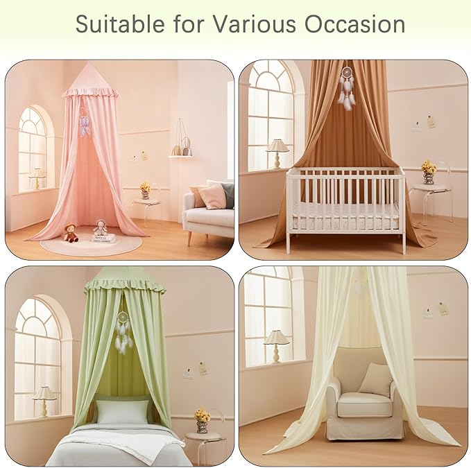 Akiky Kids Bed Canopy for Crib & Twin Size with Ruffles Dreamcatcher, Boys Princess Girls Nursery Room Decor Toddler Baby Dome Round Hanging Tent Curtains Skirt Over Bed Reading Nook Play Nougat