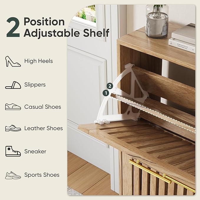 Shoe Cabinet with 2 Flip Slatted Drawers, Farmhouse Slim Shoe Organizer Rack with Golden Handles, Freestanding Hidden Entryway Storage for Hallway, Natural Oak