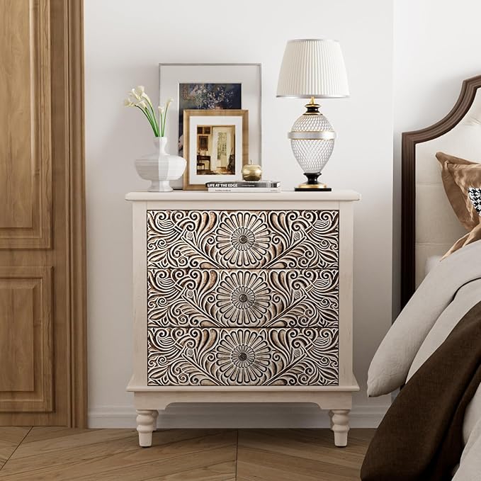 COSIEST 3 Drawers Accent Dresser, Vintage Small Accent Chest with 4 Wood Legs, Free-Standing Buffet Server Nightstand End Table for Bedroom, Living Room, Entryway