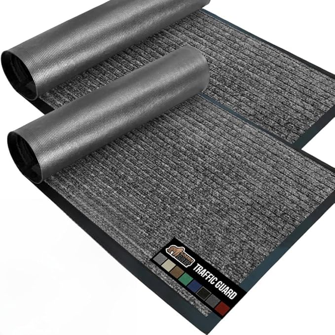GORILLA GRIP Waterproof Traffic Guard Door Mat, 2 Pack Heavy Duty Entryway Mats, Strong Rubber Back Commercial Rugs for Office Hallway, Garage Floor and Home, Low Profile Carpet, 29x17, Light Gray