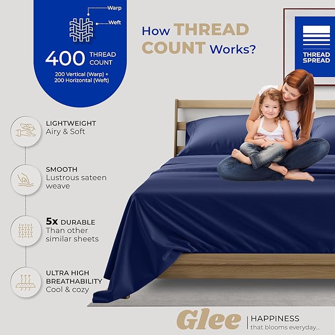 THREAD SPREAD 100% Cotton Queen Sheets Set - 400 Thread Count Queen Size Sheets (4 PC, Navy Blue), 16" Deep Pocket All Around Elastic, Soft, Cooling, Durable & Breathable Sateen Weave Bed Sheet Set