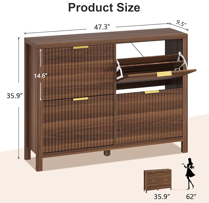 Shoe Cabinet Storage for Entryway, Fluted Shoe Cabinet with 4 Flip Drawers, Hidden Shoe Rack Freestanding Wooden Shoe Organizer with Legs for Hallway, Walnut