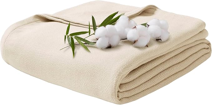 Twin Size Blanket, 70% Rayon (Derived from Bamboo) and 30% Cotton, Lightweight Jacquard Weave, Breathable and Soft Summer Blanket for Bed or Couch, 66” x 90”, Ivory