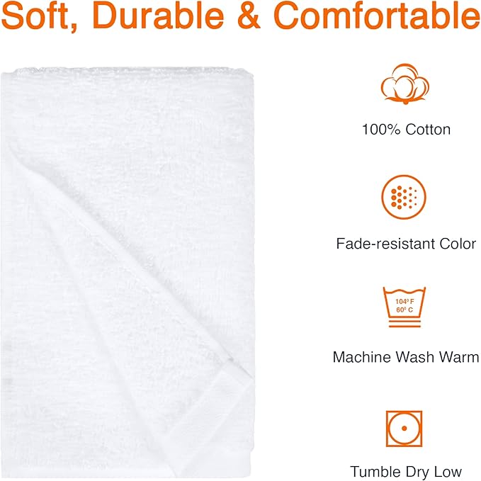 Amazon Basics Soft and Thick Cotton Hand Towels, 16 x 26 in, White, (Pack of 72)