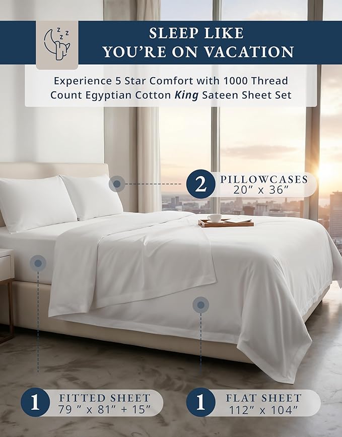 100% Egyptian Cotton Sheets King Size - 1000 Thread Count Silky Sateen King Size Sheets Set, Naturally Cooling & Breathable, Ultra-Soft Hotel Luxury Sheets with 15" Snug Fit Deep Pockets - White