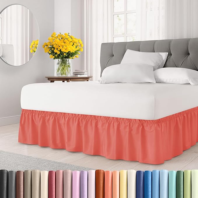 Wrap Around Dust Ruffle Bed Skirt - Coral - for Full Size Beds with 15 Inch Drop - Easy Fit Elastic Strap - Adjustable Pleated Bedskirt w/Brushed Fabric - Wrinkle Free - for Women, Men, Kids & Teens