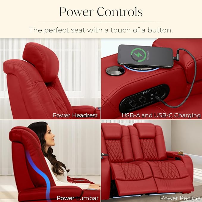 Seatcraft Diamante Zero-Gravity CoolZero Italian Leather Home Theater Seating, Power Headrest, Power Recline, Single Recliner, Red
