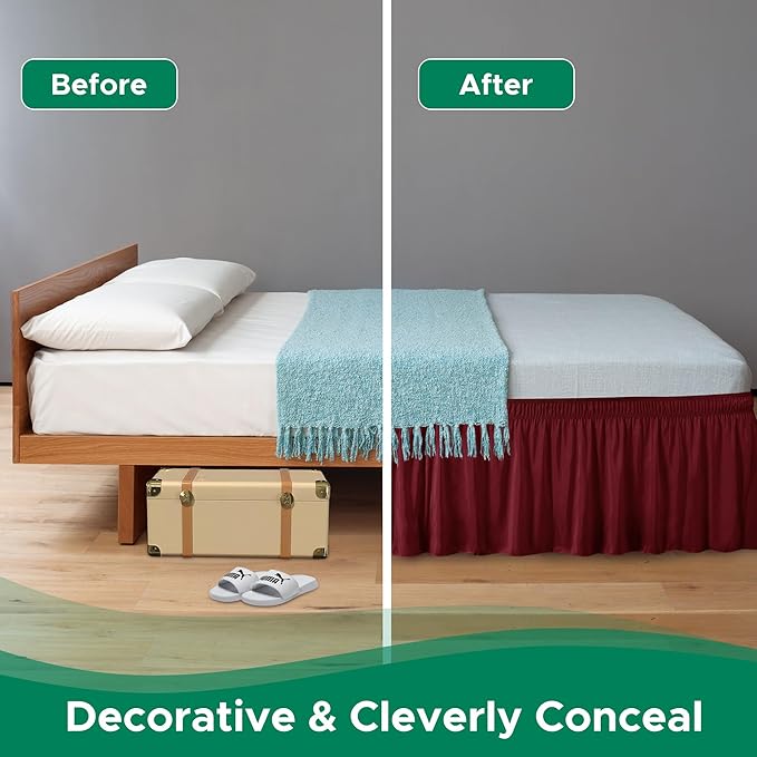 Biscaynebay Wrap Around Bed Skirts for Queen Size Beds 18" Drop, Burgundy Adjustable Elastic Dust Ruffles Easy Fit Wrinkle Resistant Silky Luxurious Fabric Machine Washable