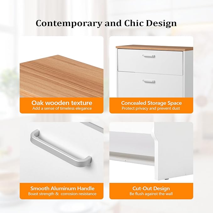 VINGLI Shoe Cabinet Storage for Entryway Ultra Slim with 2 Flip &1Drop-Down Drawers, 24.8" W Narrow Shoe Cabinet for Front Door Entrance,Freestanding Modern White Wood Shoes Organizer for Hallway