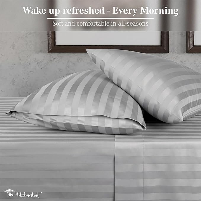 URBANHUT 800 Thread Count 100% Cotton Damask Full Size Sheets, 4 Piece Striped Full Size Bedsheets, Luxury Hotel Sheets Sateen Weave - Better Than Egyptian, 16" Elasticized Deep Pocket- Silver Grey