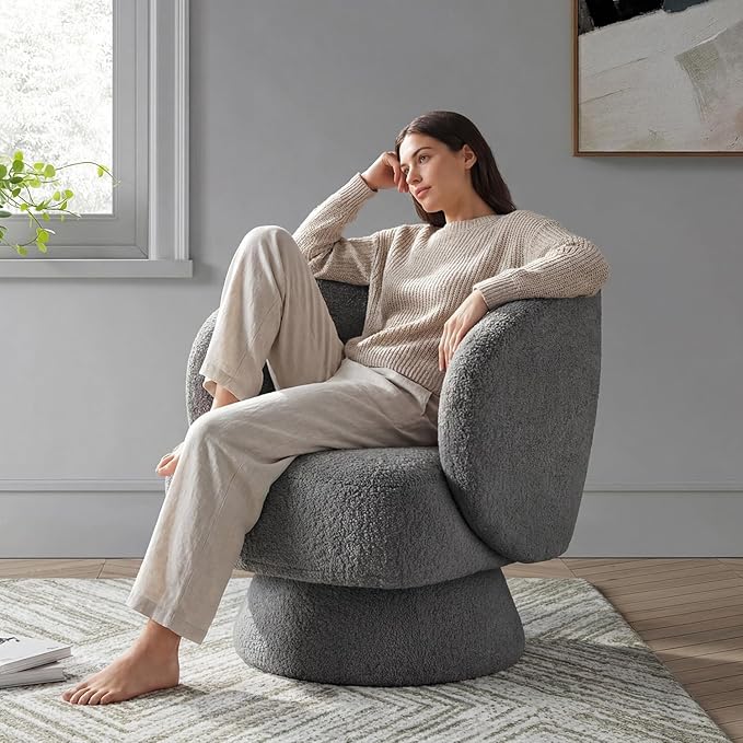 Swivel Accent Chair, Modern 360 Degree Swivel Barrel Chair with Arms & Curved Back and Lumbar Support Cushion, Comfy Round Single Boucle Sofa for Small Space, Living Room, Bedroom, Gray