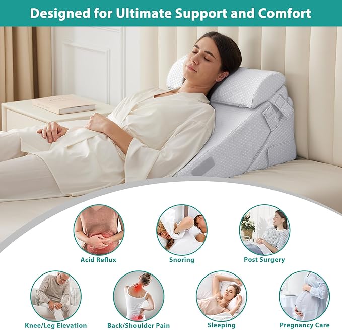 Bedluxe 3Pcs Orthopedic Bed Wedge Pillow Set, Foam Wedge Pillow Post Surgery for Back, Leg and Knee Support, Adjustable 9&12 Inch Folding Triangle Pillow for Sleeping, Acid Reflux, Snoring, Light Grey