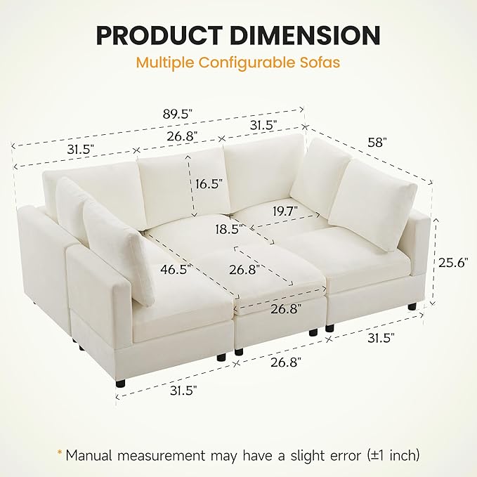89'' Modular Sectional Cloud Sofa Bed, 6-Seater Convertible Sofa Couch with Ottoman, Modern Deep Seat Sleeper Sofa for Living Room, Chenille Beige
