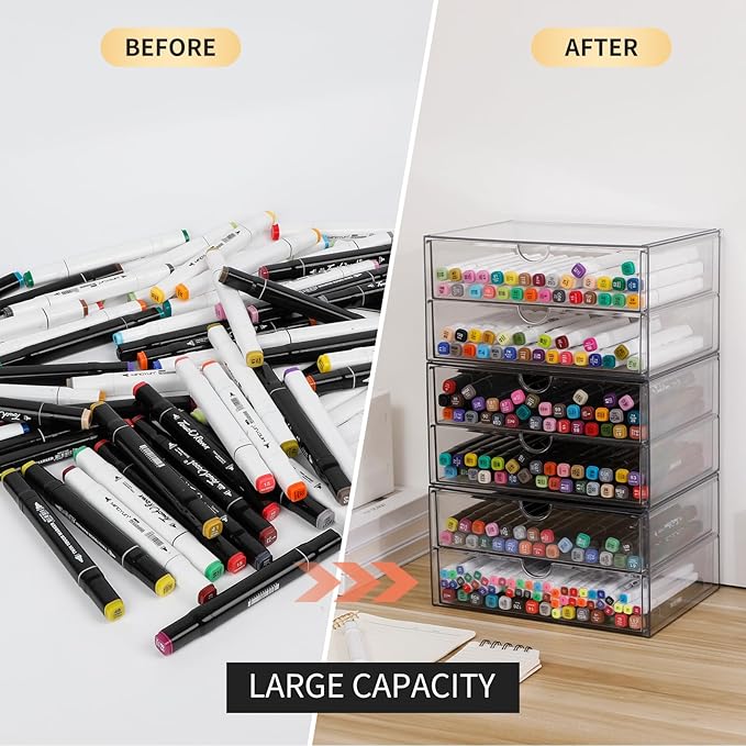Stackable Storage Drawers, Plastic Storage Bins for Home Office, Bathroom, Kitchen, Pantry, Clear Desk Organizer for Accessories, Marker, Pencils, Books, Art Crafts, Makeup (6 Drawers)