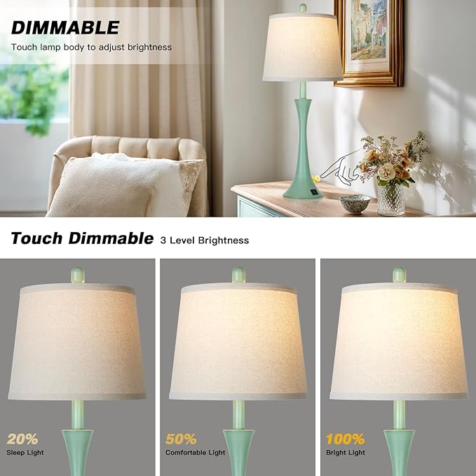 Coastal Modern Green Table Lamps Set of 2 for Living Room, 27.5" Tall Bedside Lamp with USB Charging Port,3-Way Dimmable Touch Nightstand Lamp for Bedroom Desk Side Table Office,Green