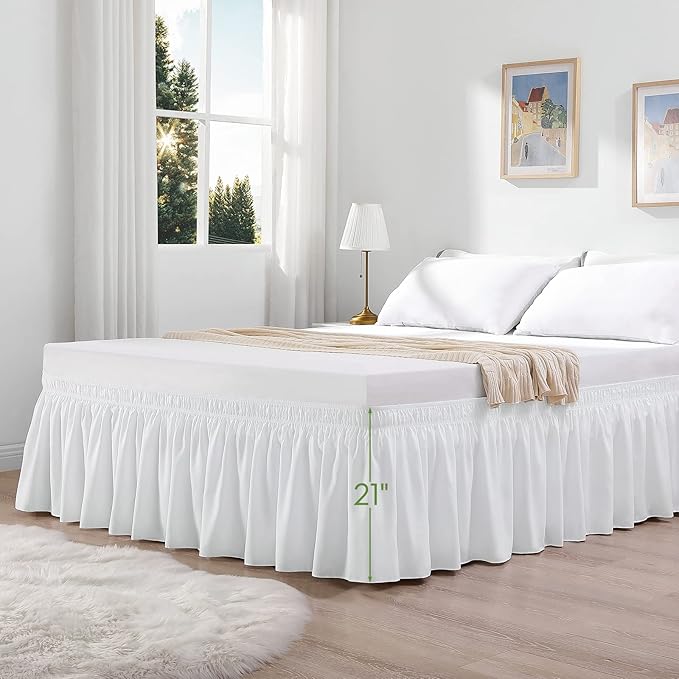 RIMELA White Bed Skirt King Size 21 Inch Drop, Elastic Bed Skirting for Bed Base and Frame, Bedding Dust Ruffle Easy to Install, Lightweight Wrap Around Adjustable Bedskirt