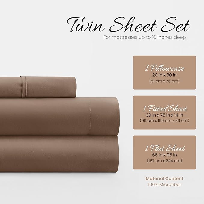 Linen Market Brushed Microfiber Twin Sheet Set 3 Piece – Oeko-TEX Certified Ultra Soft & Wrinkle-Free - 16" Deep Pocket Sheets - Easy Care Twin Size - Taupe