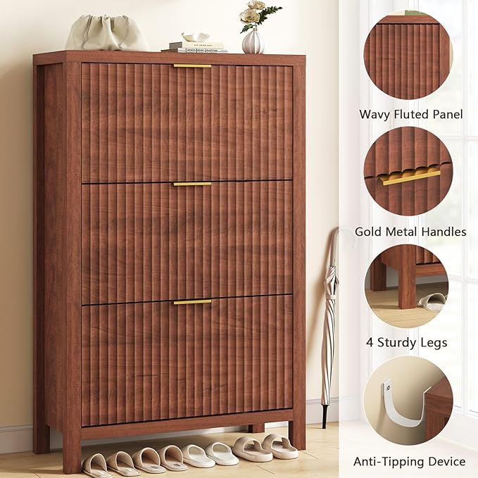 Shoe Cabinet Storage for Entryway, Fluted Shoe Cabinet with 3 Flip Drawers, Hidden Shoe Rack Tall Freestanding Shoe Organizer with Legs for Hallway, Walnut