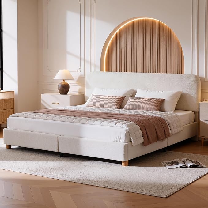 King Size Cloud Bed Frame, Upholstered Boucle Bed Frame with Adjustable Headboard, Solid Wood Legs, Rounded Corners Design & Easy Assembly – Modern Platform Bed,Cream
