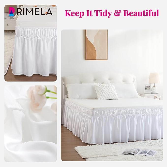 RIMELA White Bed Skirt Queen Size 15 Inch Drop, Elastic Bed Skirting for Bed Base and Frame, Bedding Dust Ruffle Easy to Install, Lightweight Wrap Around Adjustable Bedskirt