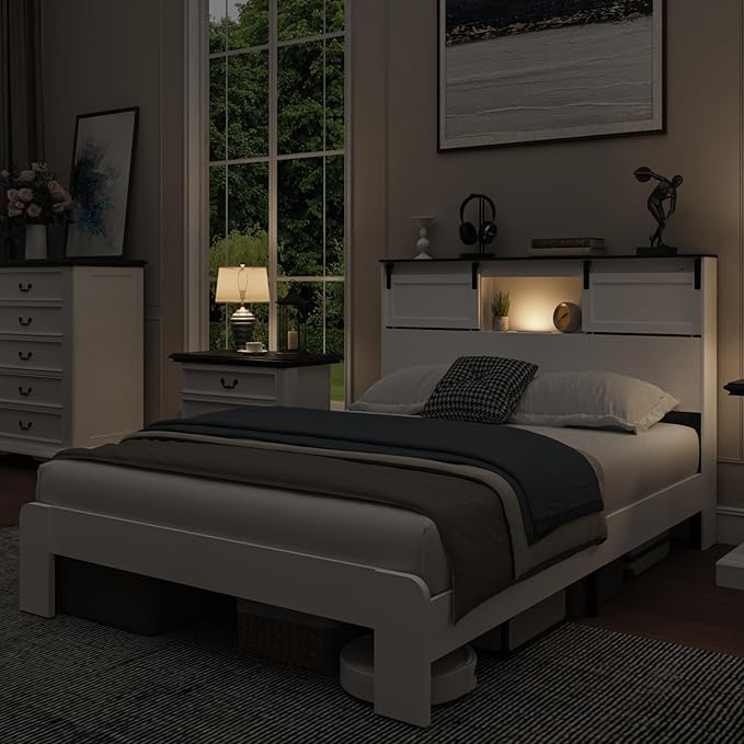 Queen Wood Bed Frame, Sliding Barn Door Storage Headboard with LED Lights and Charging Station, Farmhouse Wood Platform Bed with Metal Slat Supports, No Box Spring Required, Noiseless, White