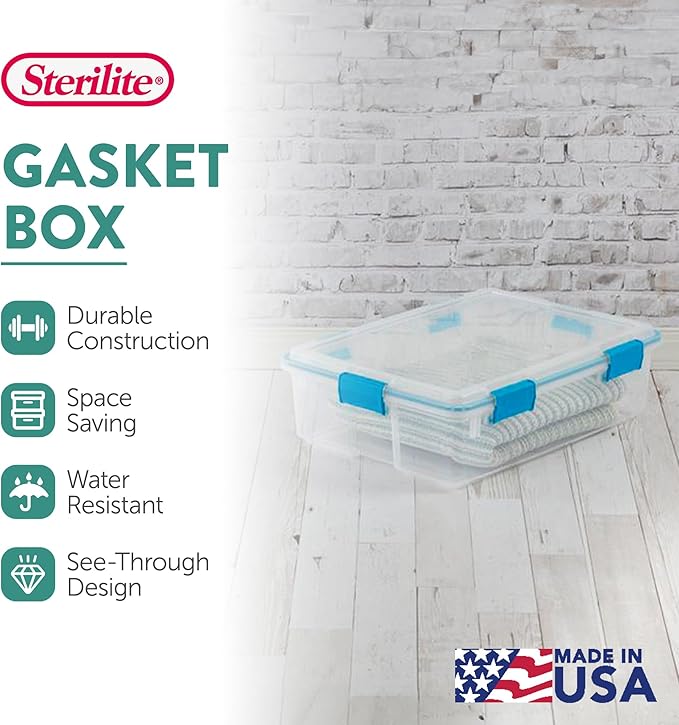 Sterilite 4-Pack Gasket Box, Home Storage Organizer Bins with Lids, 37 Quart – Stackable Clear Plastic Containers for Bedroom, Bathroom, Garage, Basement, or Attic