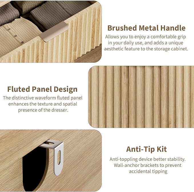 QUW Modern Fluted Dresser for Bedroom with 6 Drawers,47.2" Wood Closet Organizers and Storage,Wide 6 Drawer Dresser with Metal Handle,Hallway,Living Room(Natural Oak)
