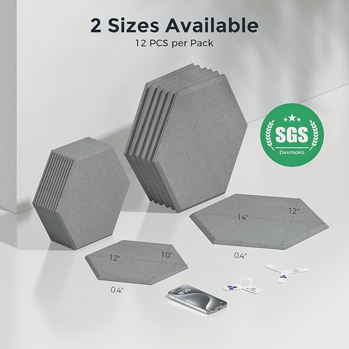 Self-Adhesive Acoustic Panels [390 lbs/yd³ Ultra-High Density], 2nd Generation Sound Absorbing Panel, Professional Level Sound Panel, Polyester Soundproof Foam [Size L, Moon Grey]